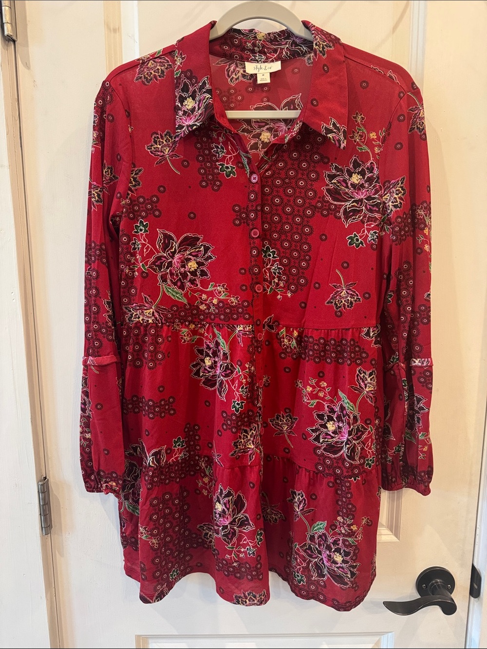 Style & Co. Red Floral Button-Front Tunic Blouse Dress